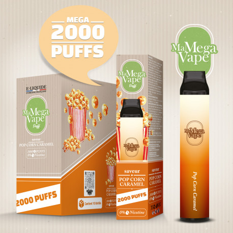 Ma Mega Vape - Pop Corn Caramel -2000 Puff -0mg - vendu par 2 unités