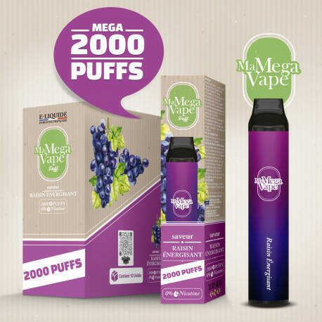 Ma Mega Vape - Raisin Energisant -2000 Puff -0mg - vendu par 2 unités